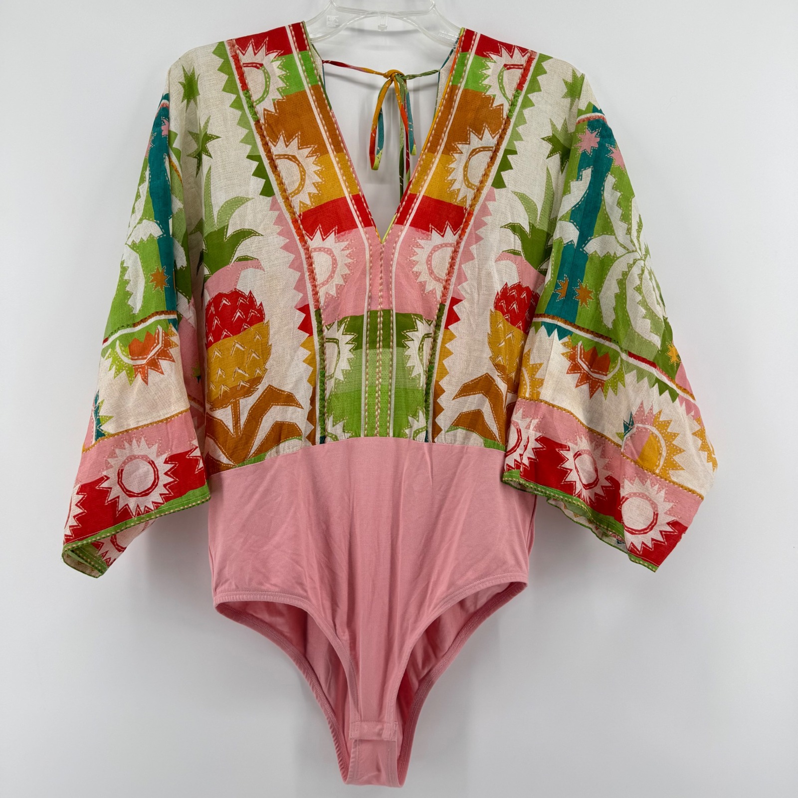Farm Rio Rainbow Sunset Tropical Pineapple Bodysuit Kimono Sleeve Pink Medium